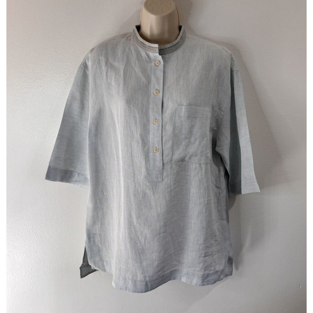 Lafayette 148 New York Tunic Shirt M 100% Linen Light Blue Button Front *Stain*